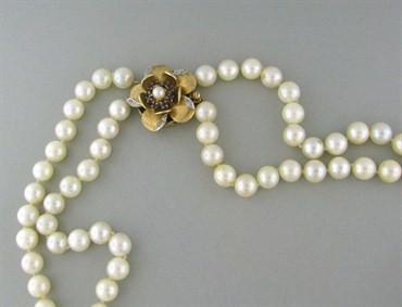 14K Gold 8mm 8.4mm Double Strand Pearl Diamond Sapphire Necklace