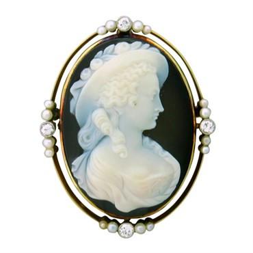 14K Gold Diamond Pearl Hardstone Cameo Brooch