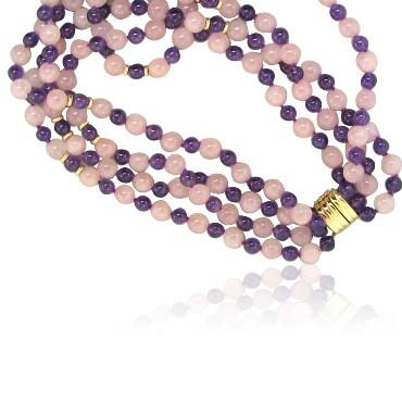 14k Gold Amethyst Rose Quartz Multi Strand Necklace