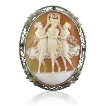 14k Gold Filegree Cameo Brooch Pendant Three Graces