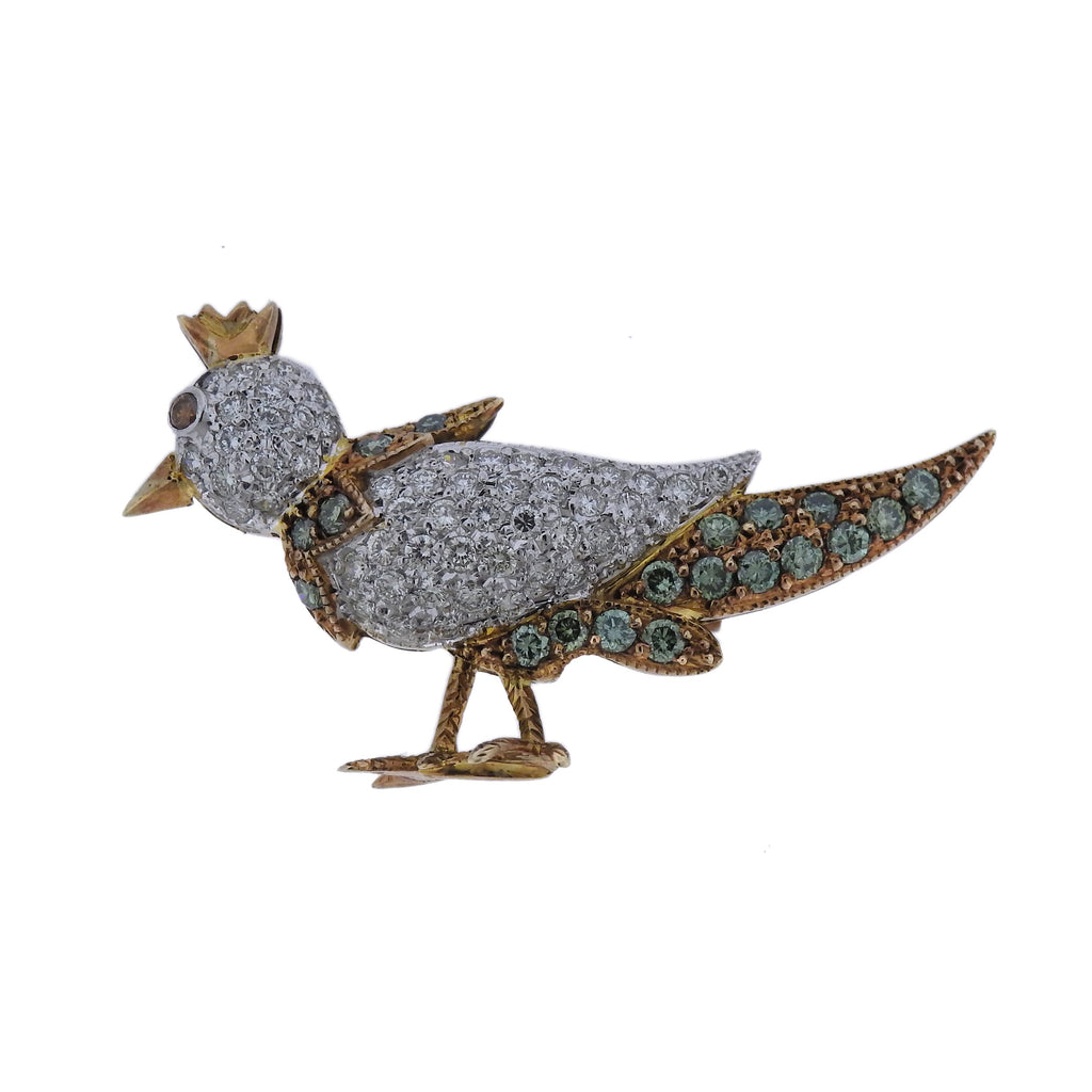 14k Gold Diamond Gemstone Bird Brooch