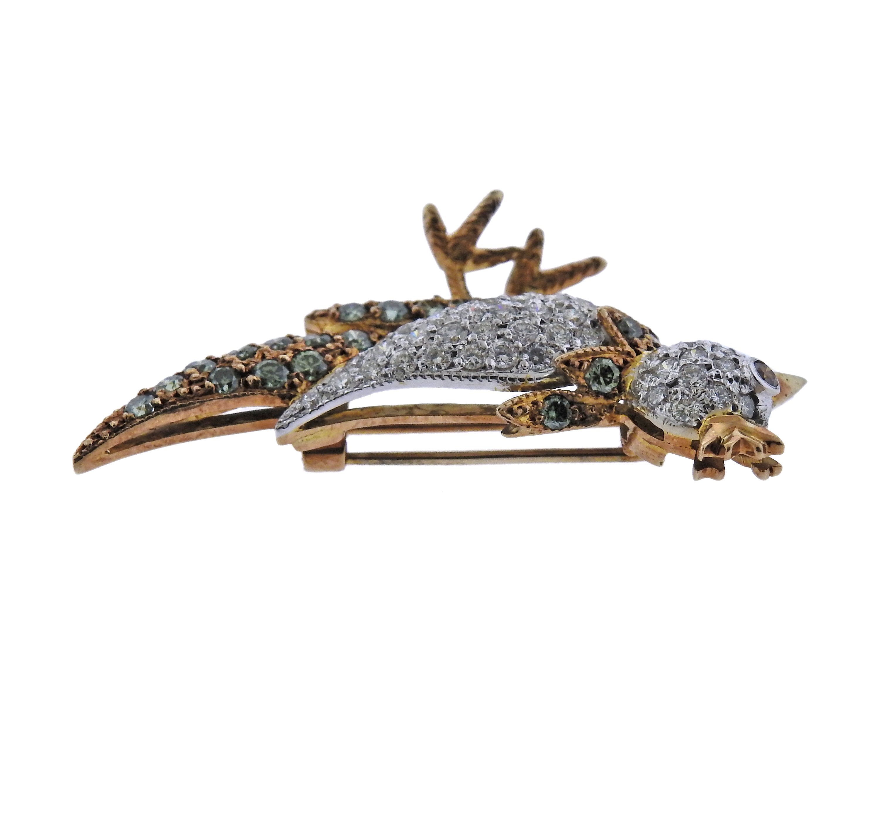 14k Gold Diamond Gemstone Bird Brooch