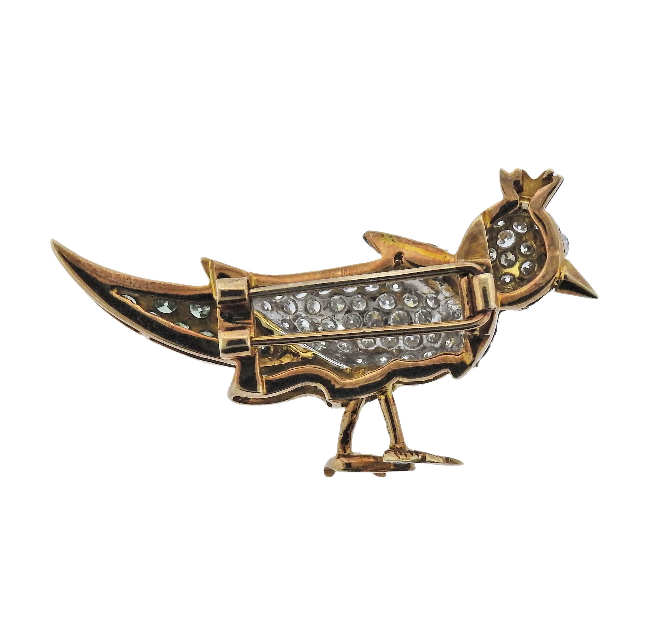 14k Gold Diamond Gemstone Bird Brooch