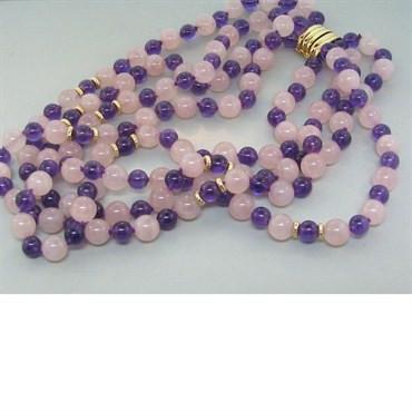 14k Gold Amethyst Rose Quartz Multi Strand Necklace