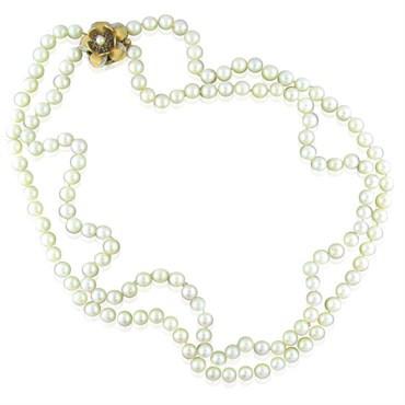 14K Gold 8mm 8.4mm Double Strand Pearl Diamond Sapphire Necklace